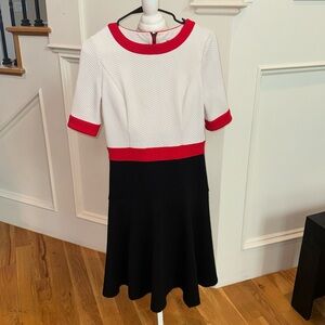 Red white and black tailored knit dress with Shapeware